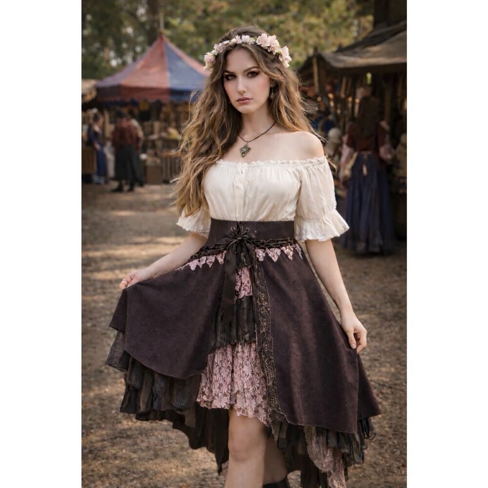So Cool! Brown Wool Velvet Ribbon Pink Lace skirt Renaissance Fairy EUC milkmaid